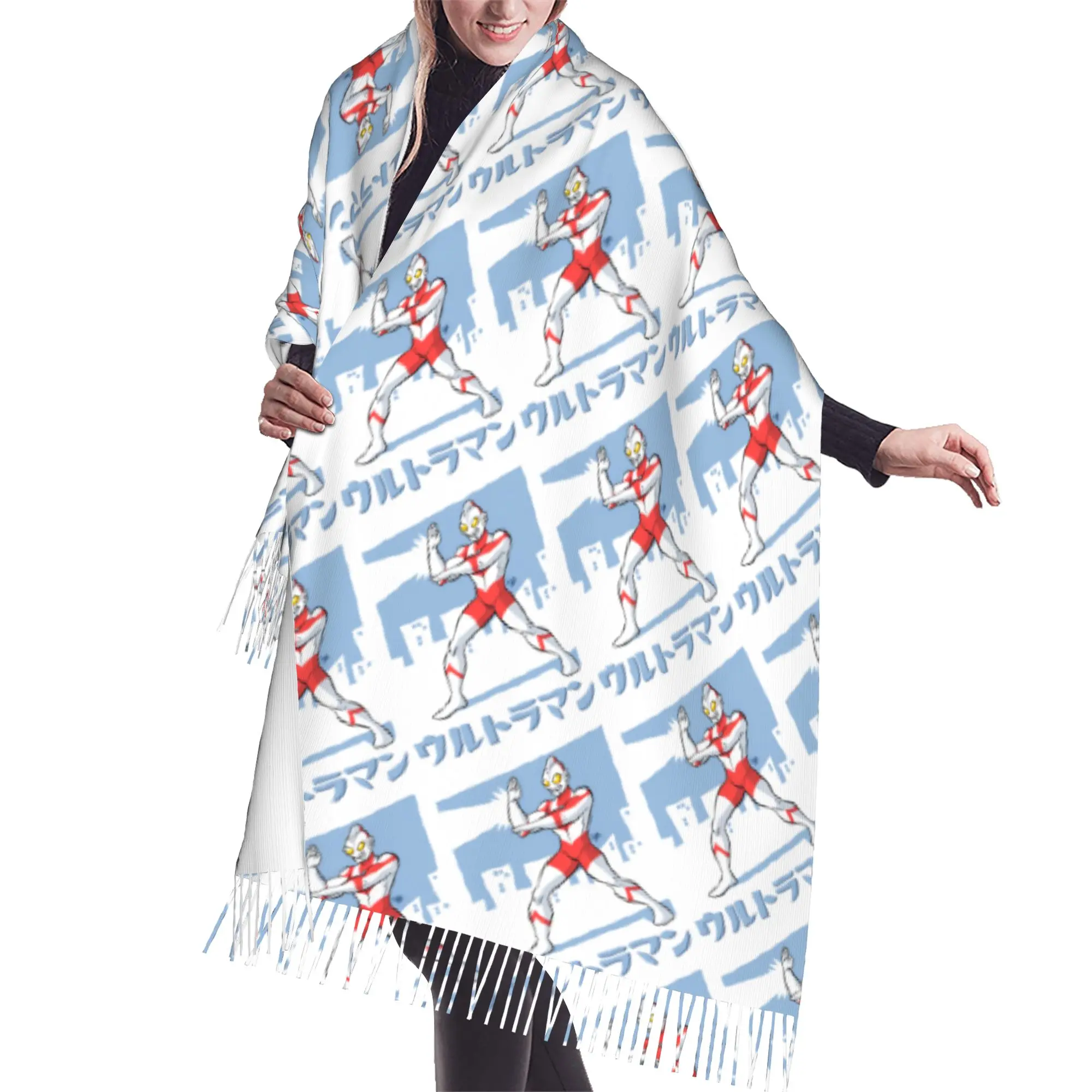 Custom Female Long Ultramanes Anime Scarves Women Winter Thick Warm Tassel Shawl Wraps  Scarf