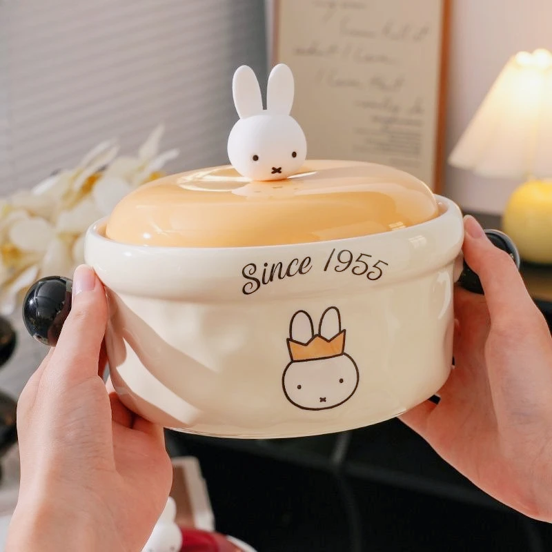 미피 귀여운 만화 세라믹 국수 그릇 뚜껑 포함 대용량 전자레인지 사용 가능 도시락 내구성 보온 사무실 및 가정용