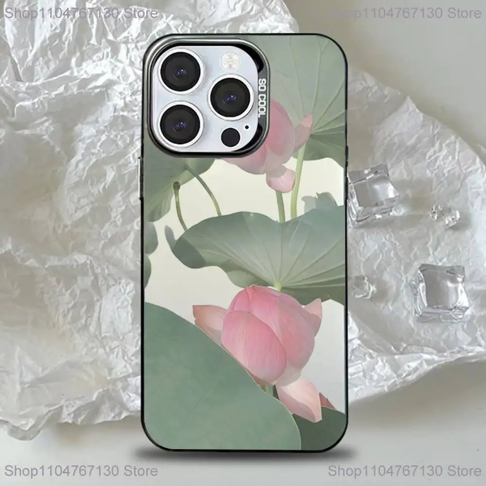 الفاوانيا لوتس طباعة تصميم حالة الهاتف آيفون 17,16,15,14,13,12,11,Pro,Max,Plus,Mini,XS,SE المضادة للسقوط الأسود ماتي الصلب الوفير