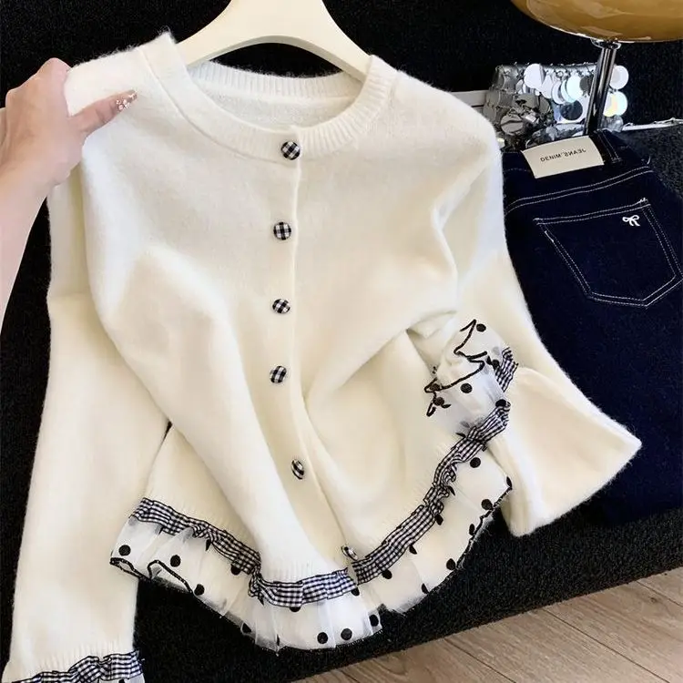 الكورية الحلو الدانتيل تقسم محبوك سترة سترة المرأة الخريف الشتاء فضفاض كسول Sle ort أعلى جولة Ne Long Sve #2