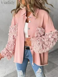 Women Casual Contrast Sequin Tassel Design Fuzzy Patchwork Long Sleeve Jacket