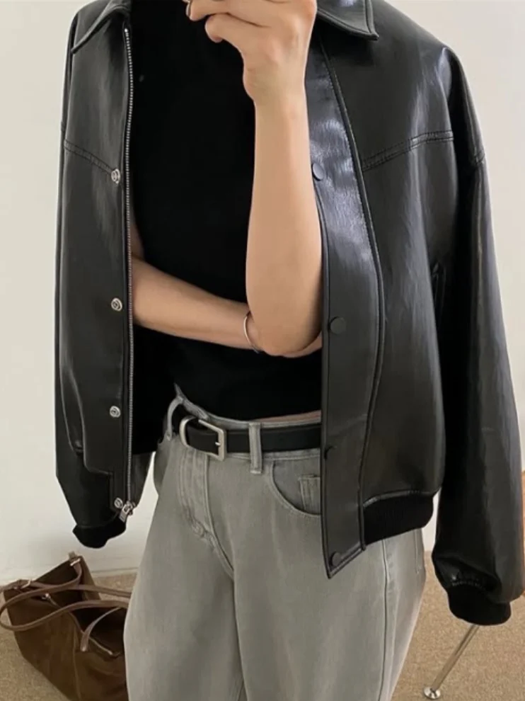 Bla ort Jaet in pelle allentata da donna coreana Sle Hong Kong Sle Retro Chic Faion High-End Feelings Cappotto in pelle PU
