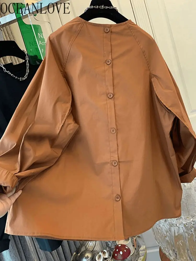 

OCEANLOVE Back Buttons Women Shirts&blouses Solid Spring Autumn Korean Fashion Blusas Mujer Retro Elegant Loose Camisas