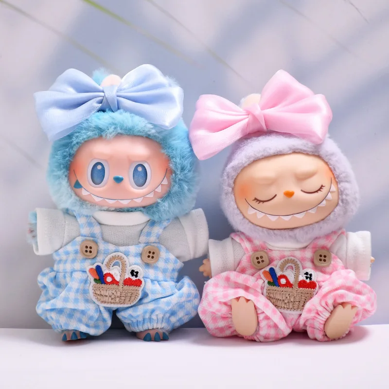 

Labubu Doll Clothes Blue Plaid Overalls with Bow 15/17cm Plush Doll'S Clothes Labubu I II Idol Dolls Sitting Party Accessories