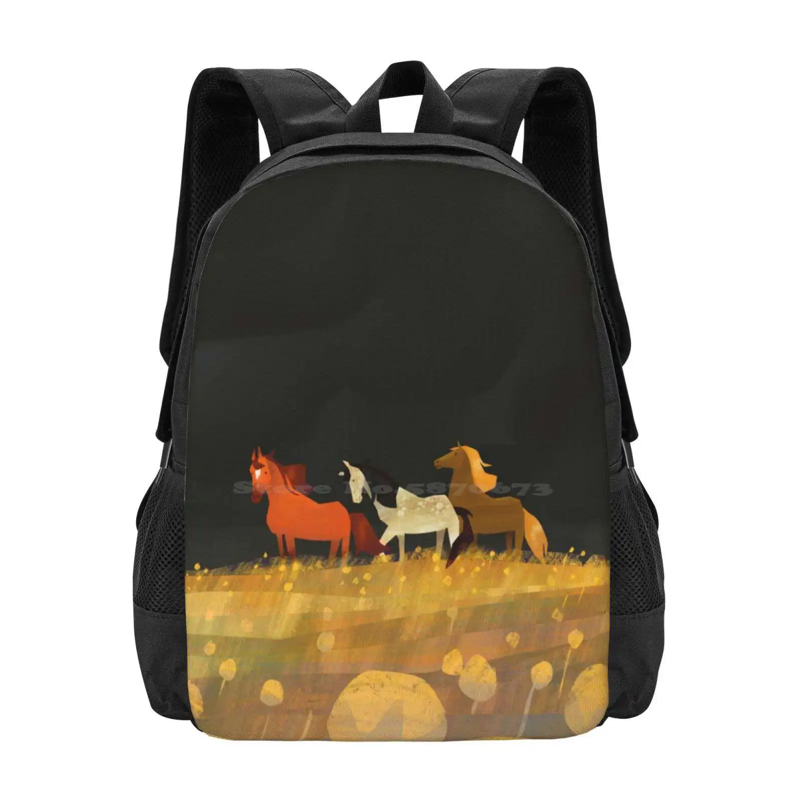 Rainy Season Hot Sale Backpack Fashion Bags Season Horse Wild Animals Nature Field Stormy Clouds Sky Yellow Flowers Grey Rainy