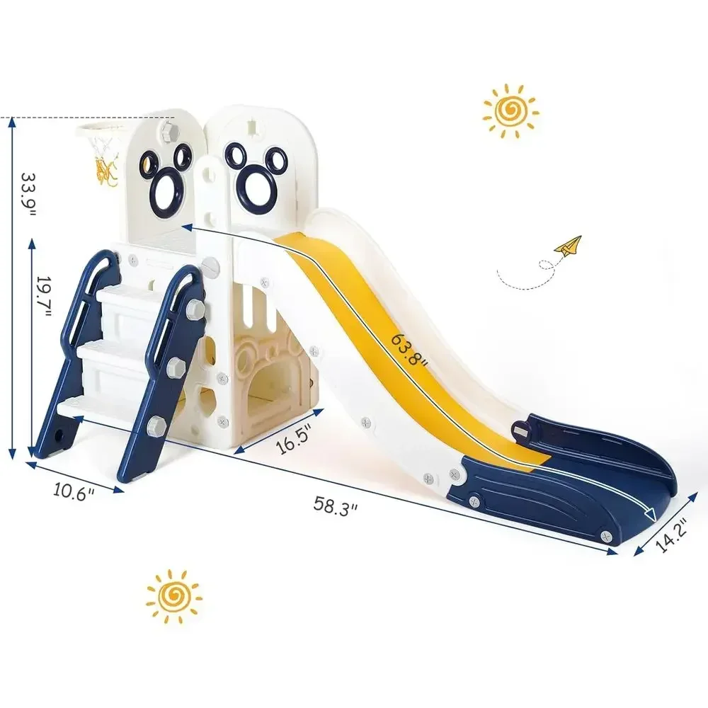 All-in-One Toddler Slide and Climber Playset with Basketball, Storage, Non-Slip Steps - Blue