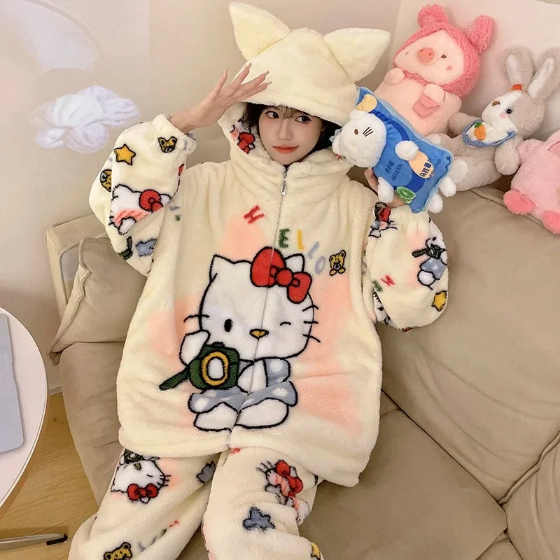 Sanrio Cartoon Hallo Kitty Pyjamas Weibliche Flanell herbst Winter Neue Plus Verdicken Samt Süße Warm Halten Pyjamas set freizeit tragen