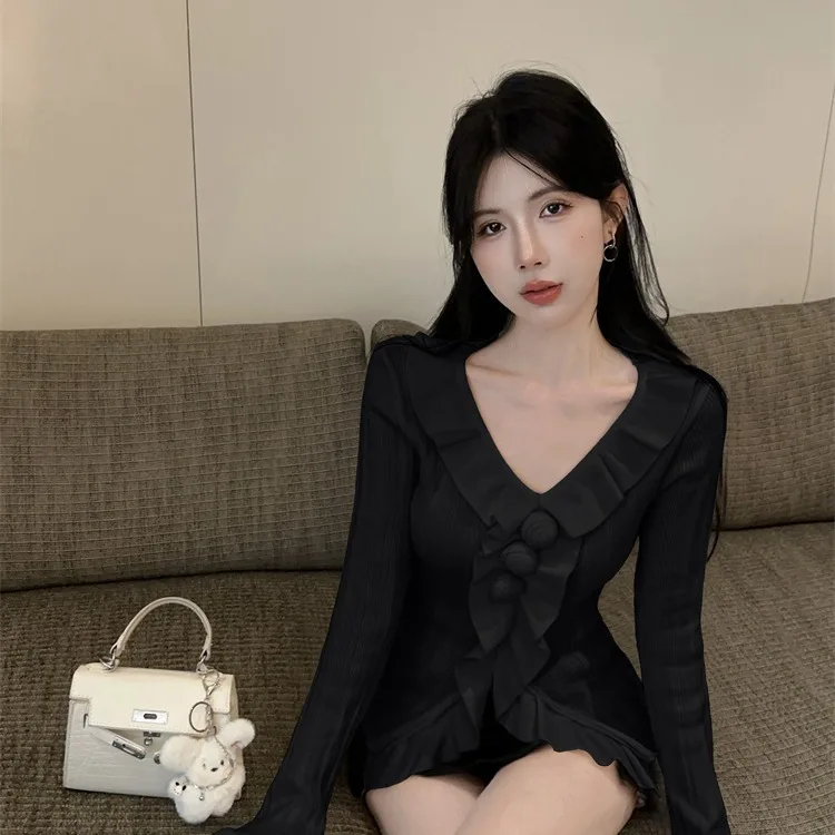 Sexy V-Ne Bell Sve Ruffle Hem Base irt Anti-envejecimiento Versátil Jersey de punto Otoño Invierno Mujer Slim Fit Long Sve...