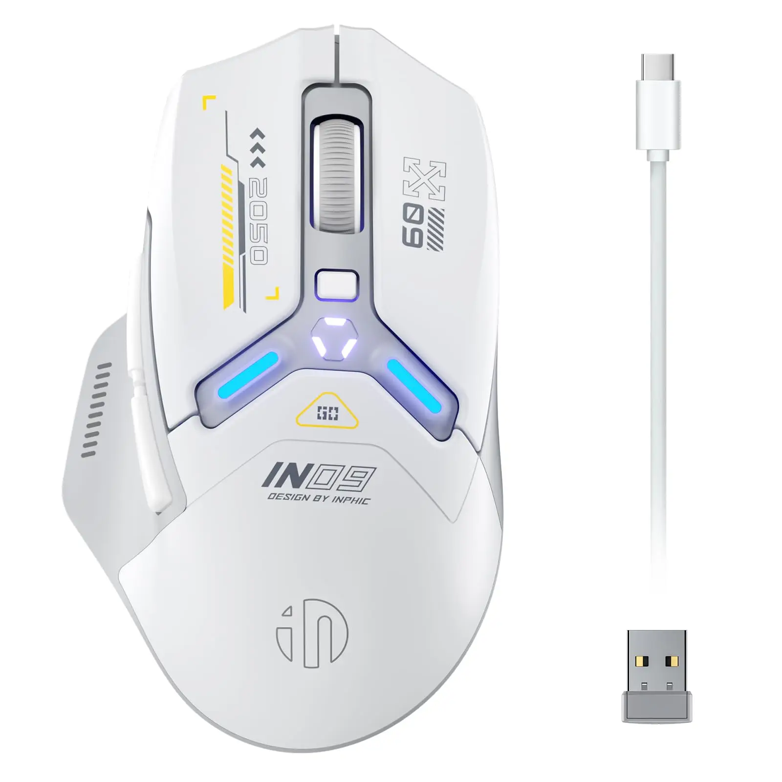 Inphic IN9 Tri-Mode 2.4G Wireless Mouse Type C Rechargeable Ergonomics Bluetooth Gaming Mouse with RGB Lighting 6Levels 10000DPI