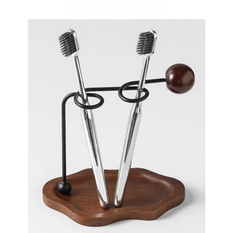 Vintage Stainless Steel Toothbrush Holder with Wood Base, Rustic Bathroom Organizer for Couples, Toothpaste Brush Stand 13cm