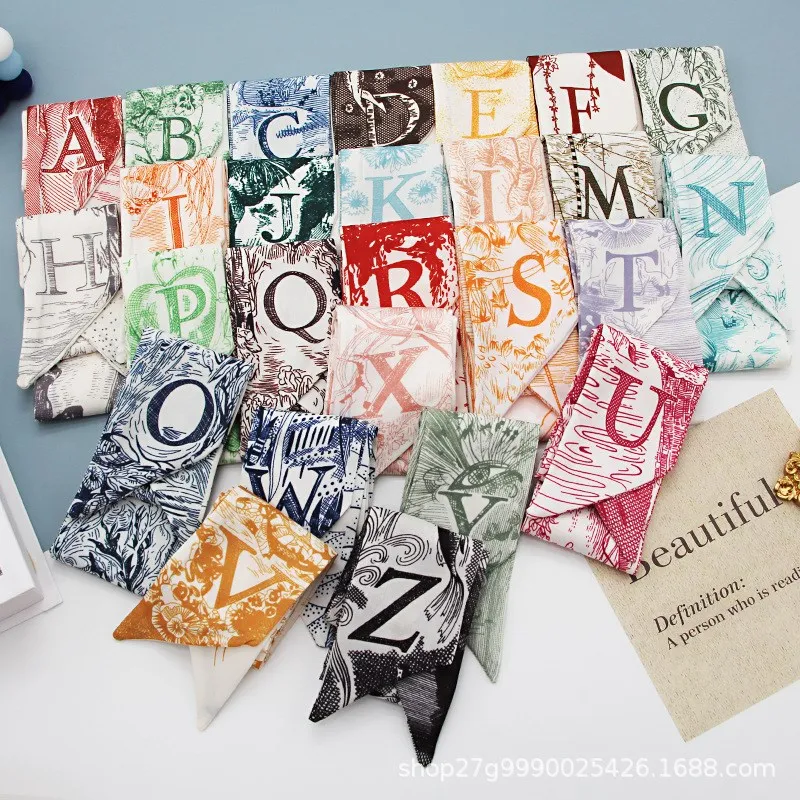 Long All-Match Silk Scarf Hair Band Bow 26 Letters Floral Ribbon Tied Bag Hand Gift Silk Scarf Streamers