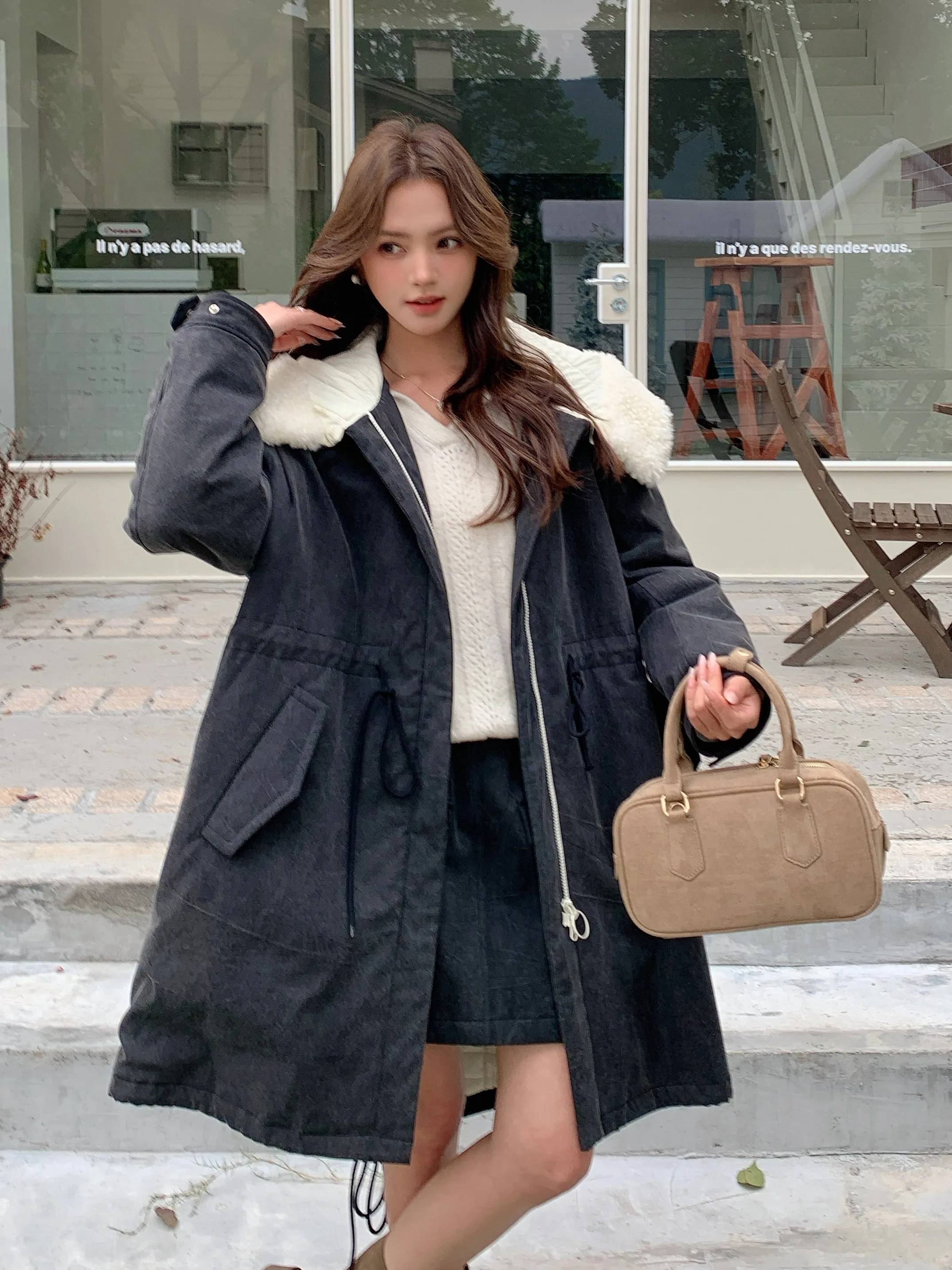 

Длинная джинсовая парка SERY Deep Ey в винтажном стиле, теплая верхняя одежда из хлопка для осени и зимы, модный женский корейский пальто-куртка