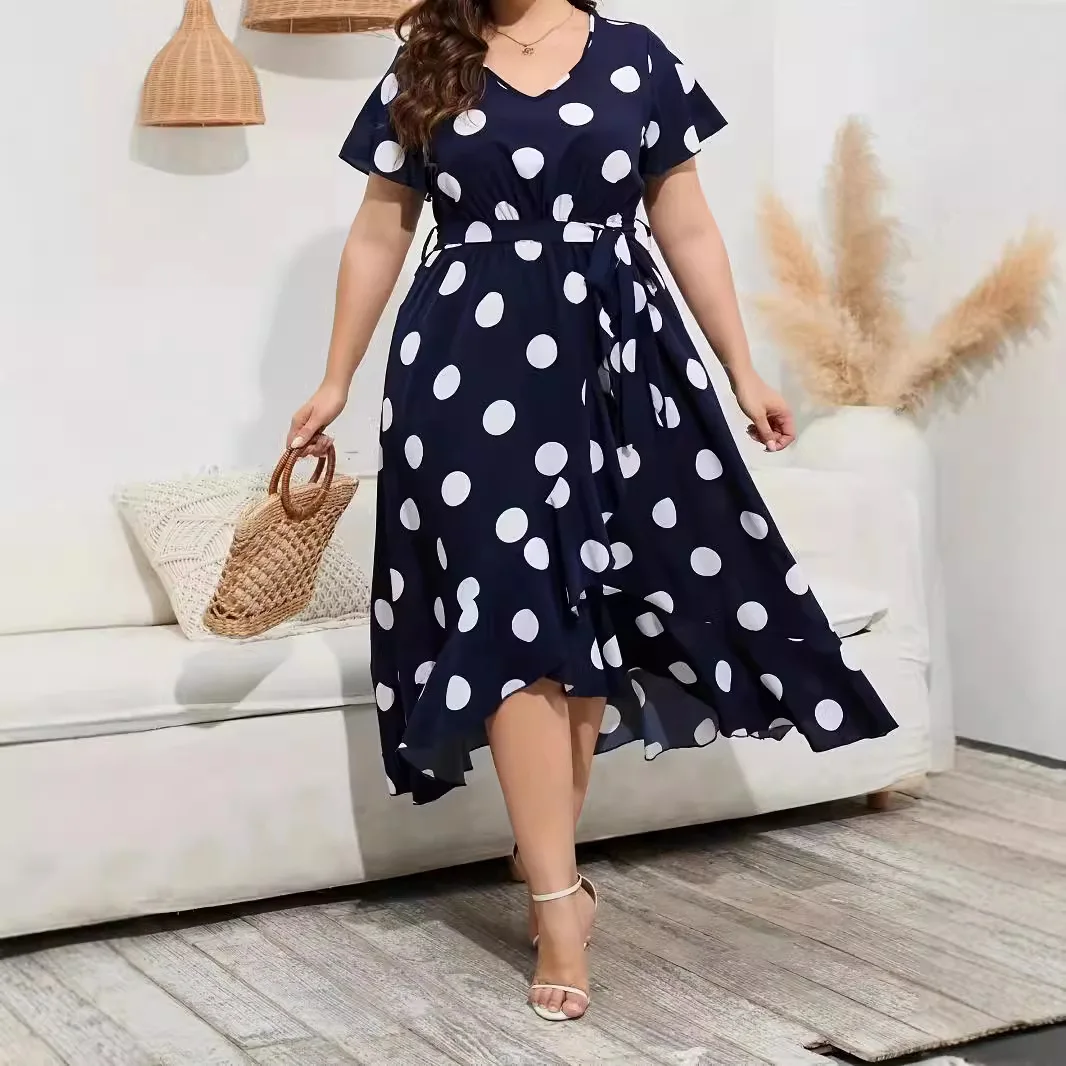 

Летнее платье большого размера в новом стиле, простого кроя, с эластичной талией и принтом в горошек для женщин.