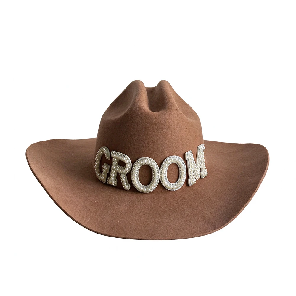 Vintage brown Western felt hat adorned with pearl 