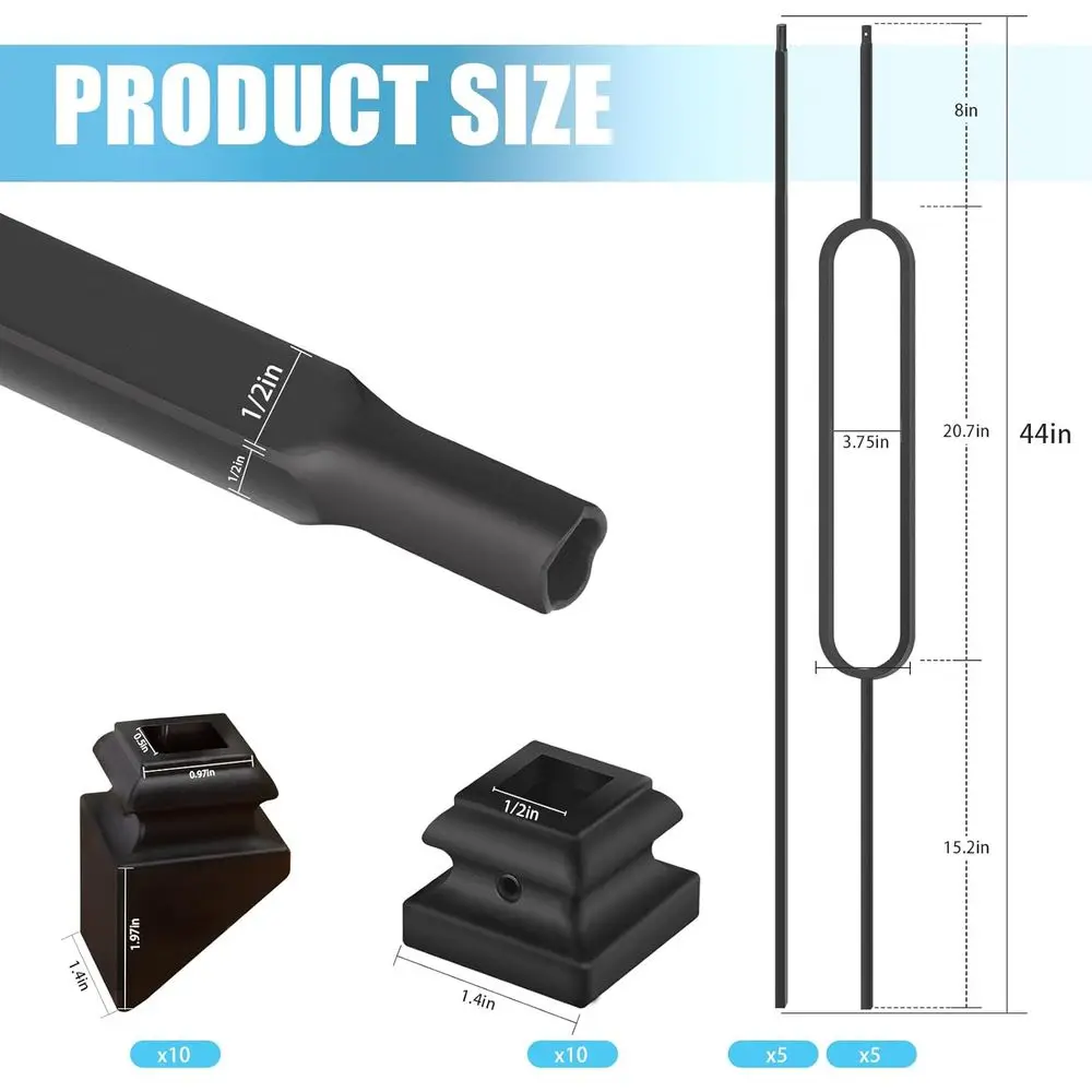 درابزينات مربعة من الحديد المجوف مقاس 1/2 بوصة - مغزل معدني عادي لدرج داخلي، أسود ساتان، 10 عبوات