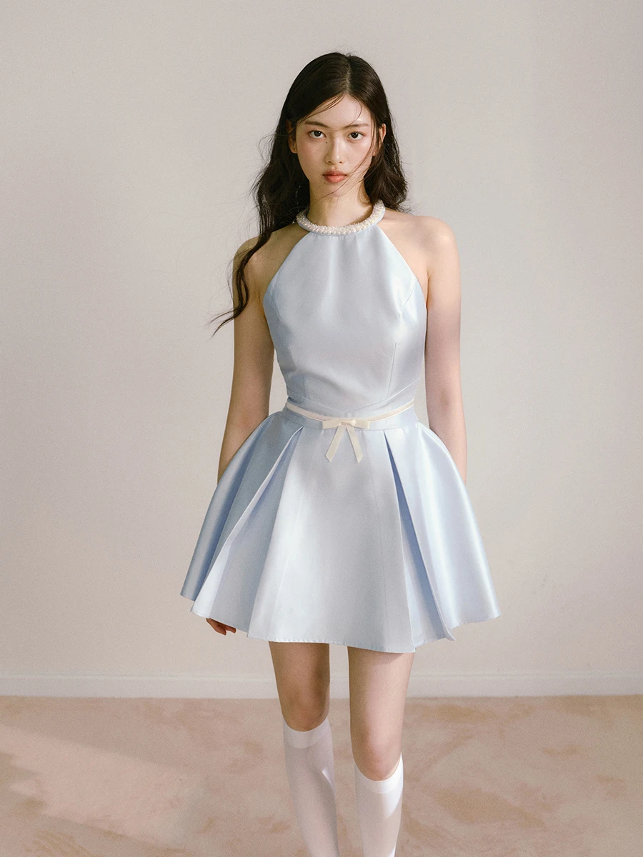 REDDACHiC レディース パール ホルター パーティードレス エレガント サテン オフショルダー リボン プリーツ ミニドレス 卒業式 フォーマル 夏 ワンピース