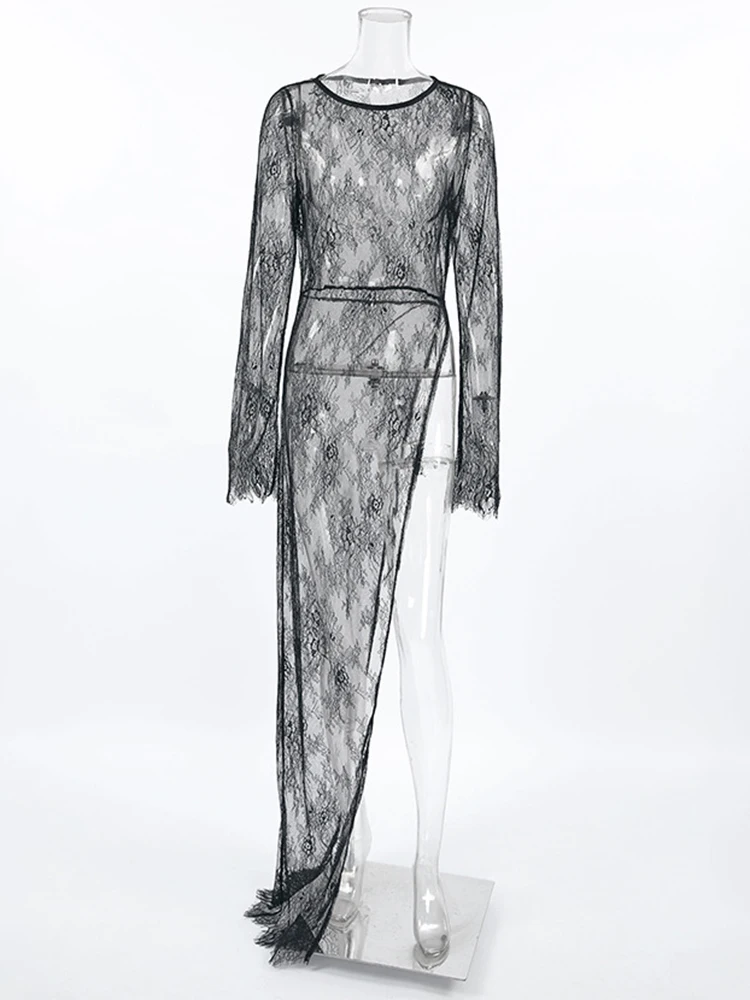 Trendix-vestidos transparentes sexis para mujer, vestido camisero de manga larga con bordado calado para fiesta, vestido asimétrico de encaje para discoteca 2026