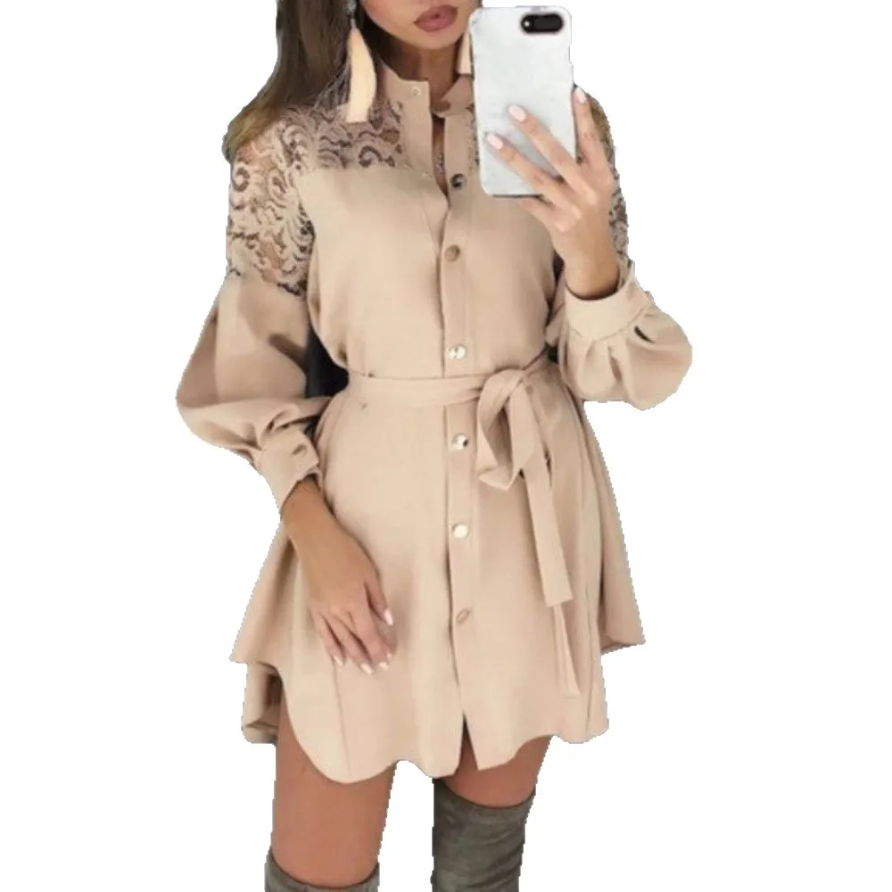 

2025 Fashion Slim Fit Lace Bat Sleeve Dress Women Spring Casual Loose Solid Color Lace-up Long Sleeve Mini Dresses For Women