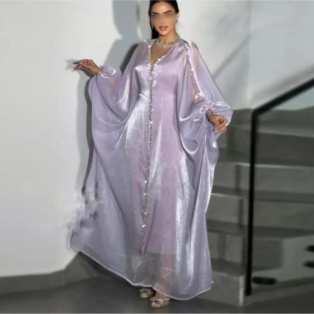 Vestido de Noche Kaftan Personalizado con Cristales Brillantes, Cuello en V, Manga Farol, Traje para Invitadas de Boda, Crepé, Estilo Árabe Dubai