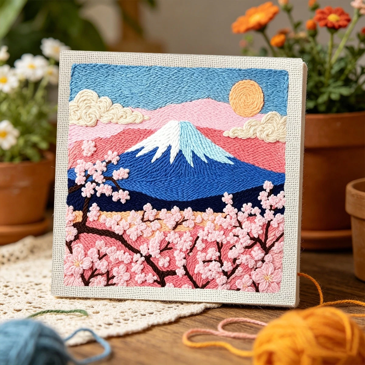 1 Set Mount Fuji Kirschblüten DIY Stickerei-Set für Anfänger, Stickerei-Starter-Kit, Kreuzstich-Kunstgeschenk, Nadelarbeiten – Detail 3