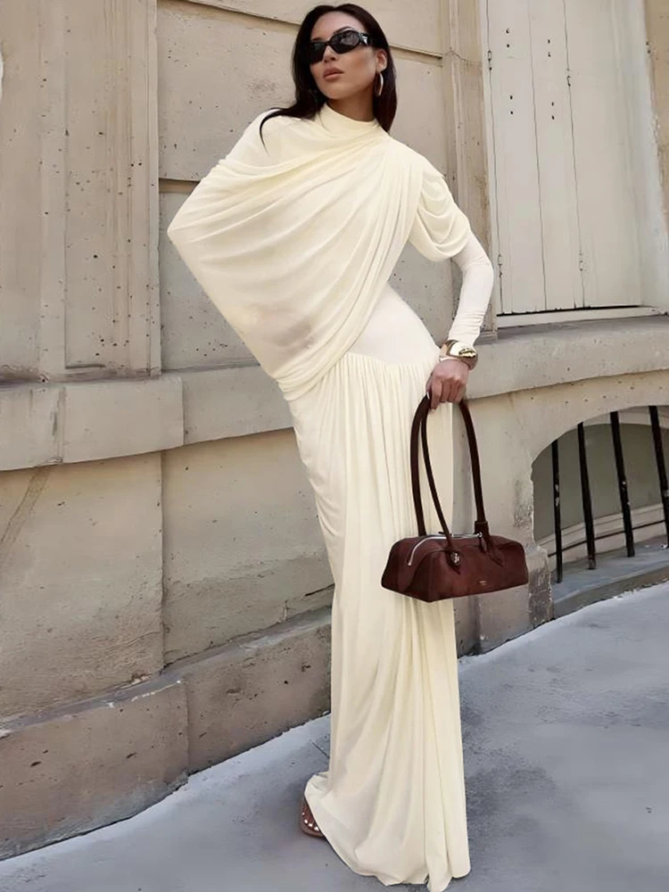 Sisterlinda Elegant Basics Shawl Dress Women Classic Ruched O-Neck Full Sleeve Stretch Skinny Party Banquet Activity Outfits
