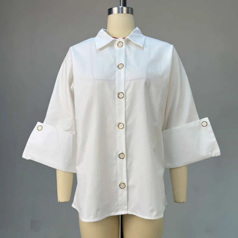 HKSH Spring Autumn New Women Chic Shirt Turn-down Collar Single Breasted Rolled-up Cuffs Solid Color Elegant Tide Blouse HK17225
