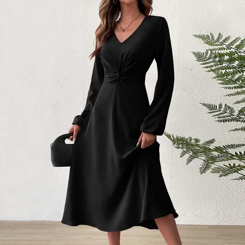 Women French V Neck A Line High Waist Slim Commuting Autumn Winter Dress