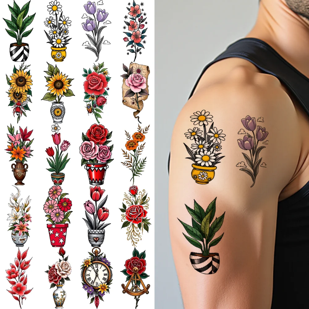 

28pcs Temporary Tattoo Lavender Waterproof Long-lasting Body Stickers Tulips Decorative Vases Temporary Tattoo Stickers For