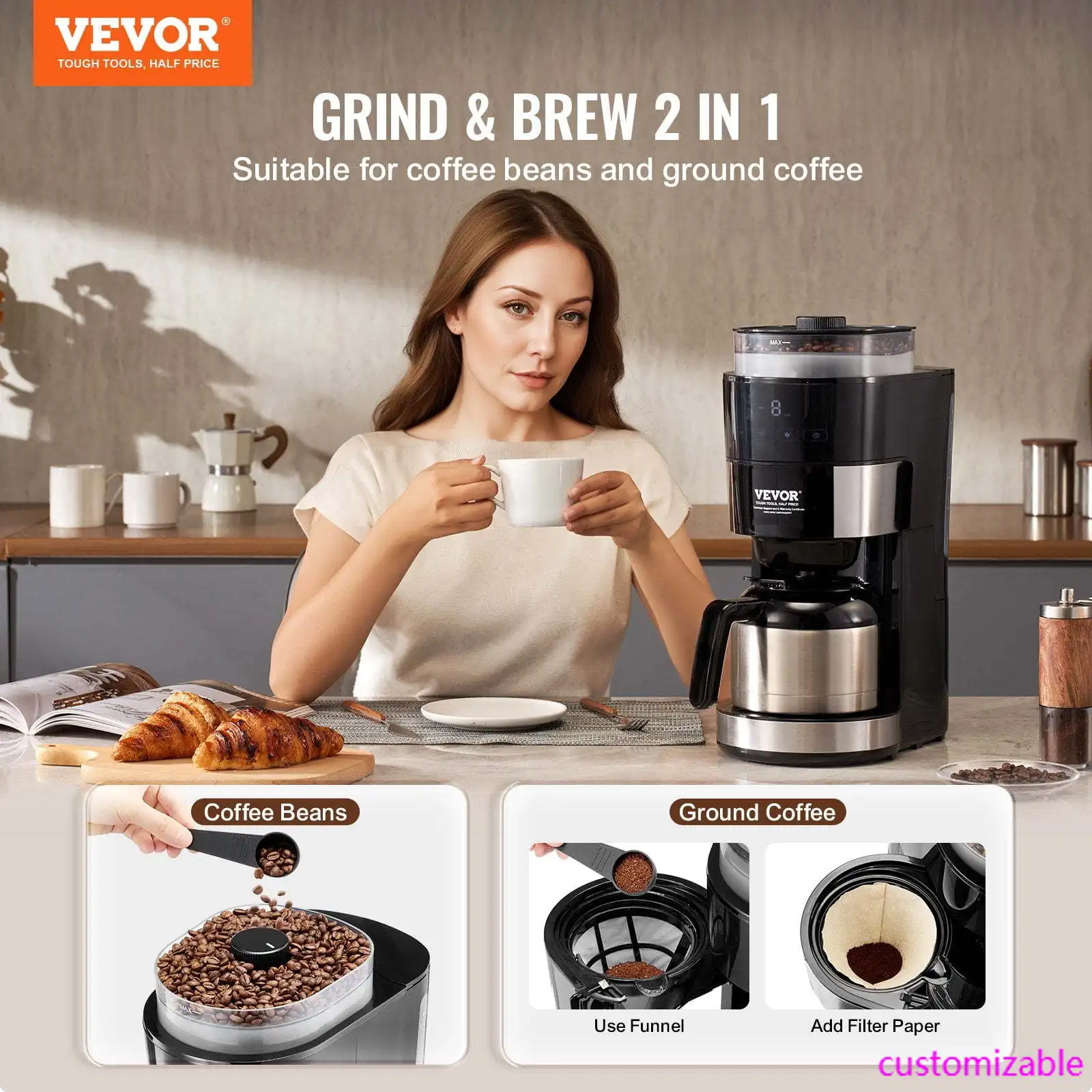 

8-Cup Coffee Maker Drip Coffee Machine with 3 Brew Strength Control