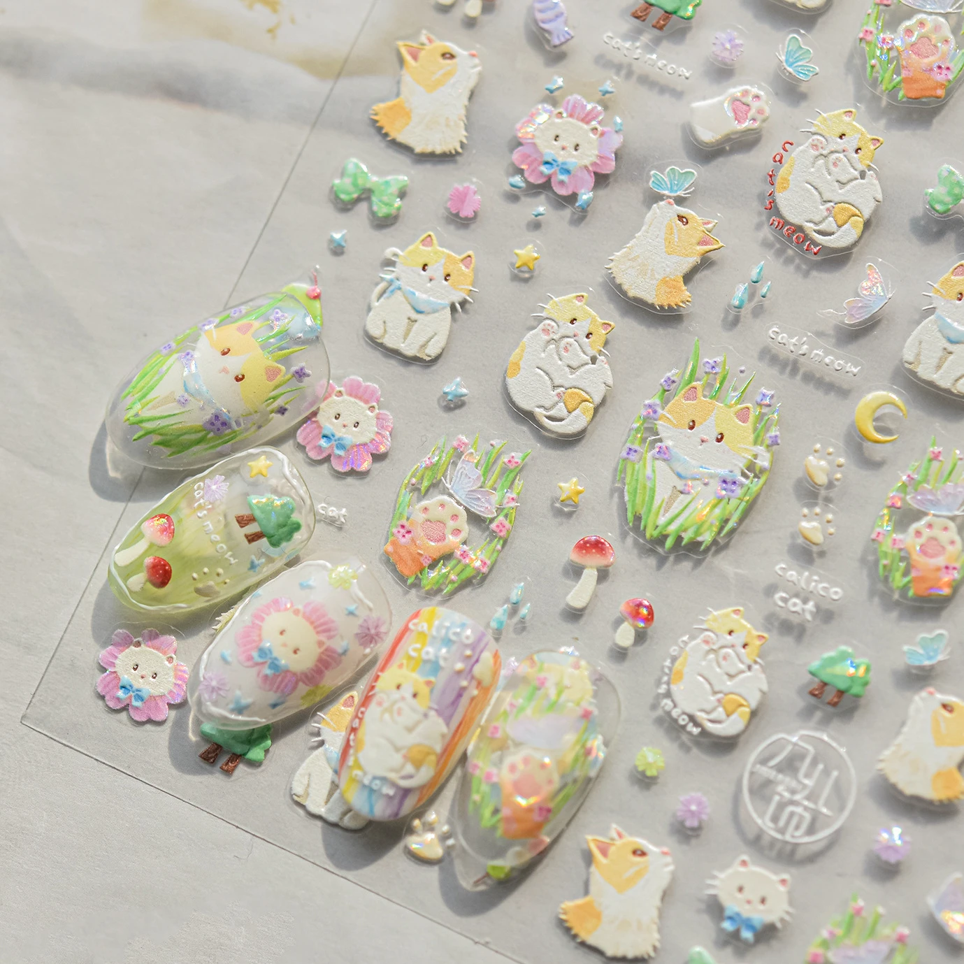 

Picnic Cat Kitten Bowknot Flower Fish Butterfly Tree Mushroom Star Moon Cat's Paw Adhesive Nail Art Sticker Cute Manicure Decals