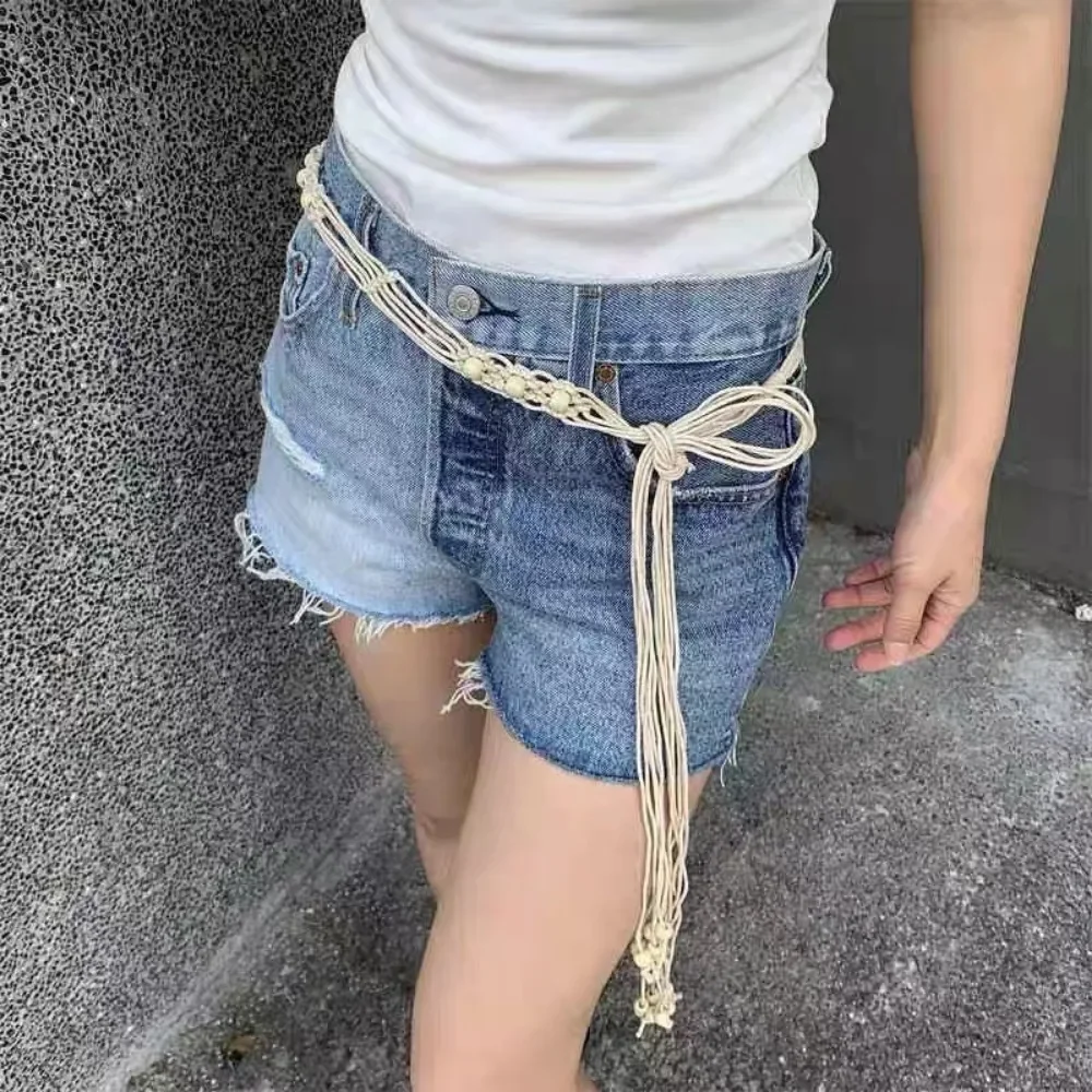Woven Cord Belt Skinny white belt for women with wooden beads