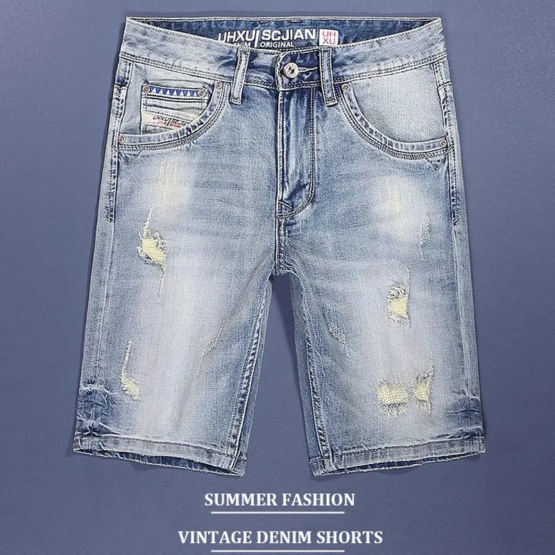 Summer Designer Fashion Men Jeans High Quality Retro Washed Blue Stretch Ripped Denim Shorts Men Y2K Vintage Casual Shorts Homme