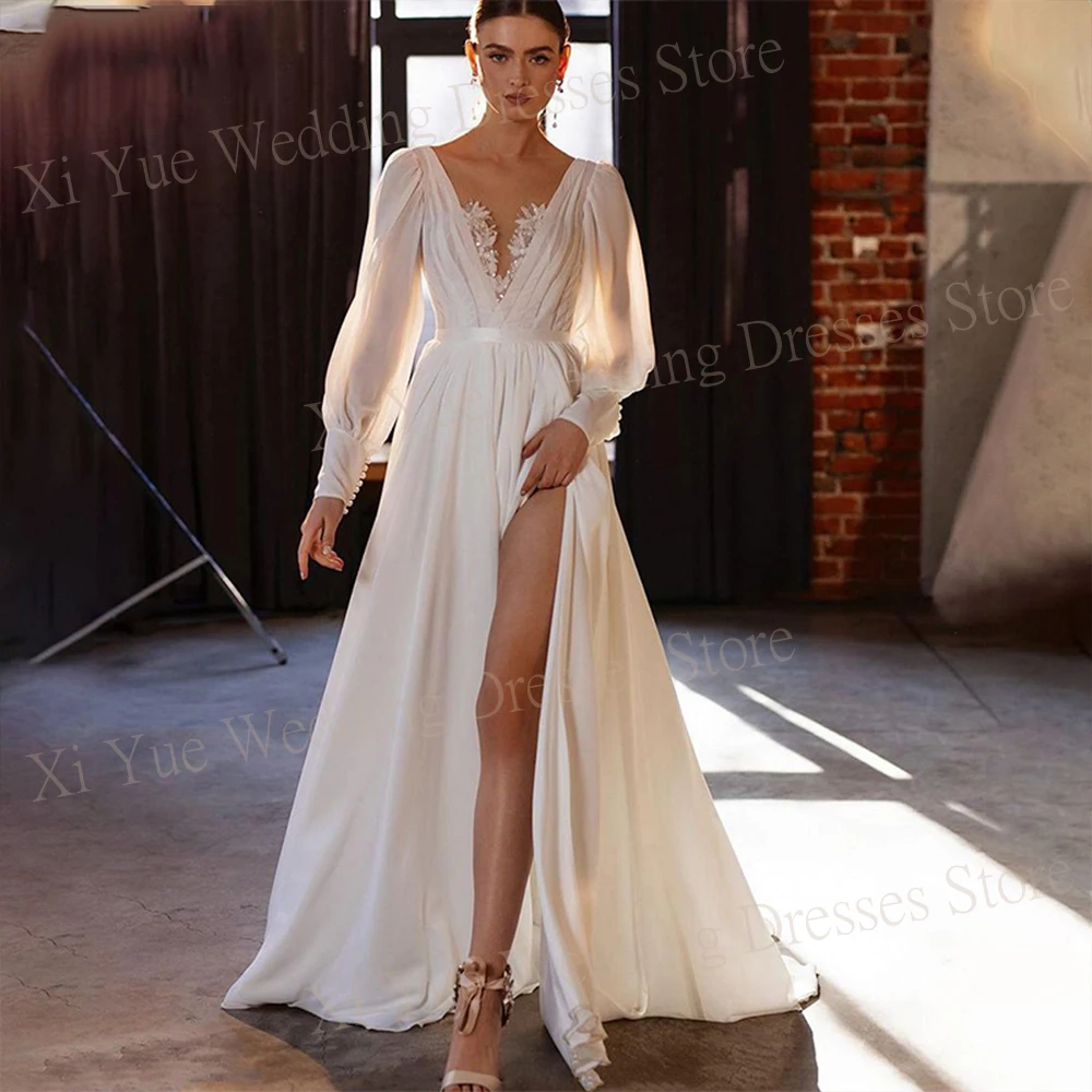 

Simple Modern A Line V-Neck Wedding Dresses Long Puff Sleeves New Sexy Side Slit Bridal Gowns Backless Chiffon Vestidos De Novia