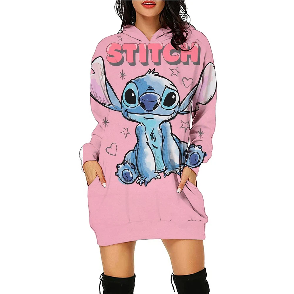 Kawaii Disney Stitch Women\'s Hoodies Dress Ladies Fashion Leisure S-3XL Youthful Woman Clothes Lovely Black Hoodie Winter Y2k