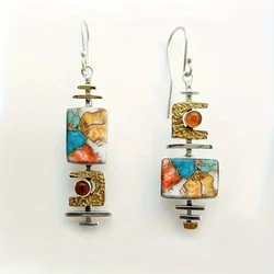 2PCS Luxury Fashion Creative Bohemian Style Earrings Rectangular Imitation Natural Stone for Men and Women Vintage vintage