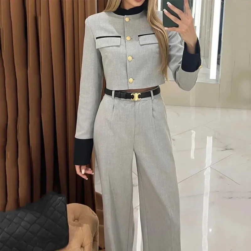 Elegant Pants Set Women Crop Top Straight Trousers Two Piece Set Shirt Set Work Top Matching Sets 2 Piece Sets Womens Outfits