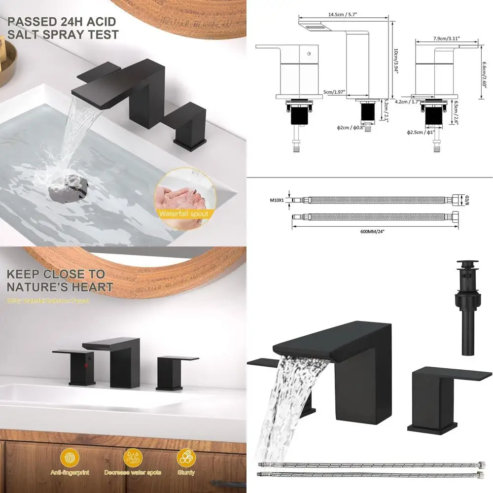 

8 Widespread 3-Hole Matte Black Bathroom Sink Faucet with Dual Handles, Waterfall Spout, Pop-Up Drain & Stainless Steel Hoses