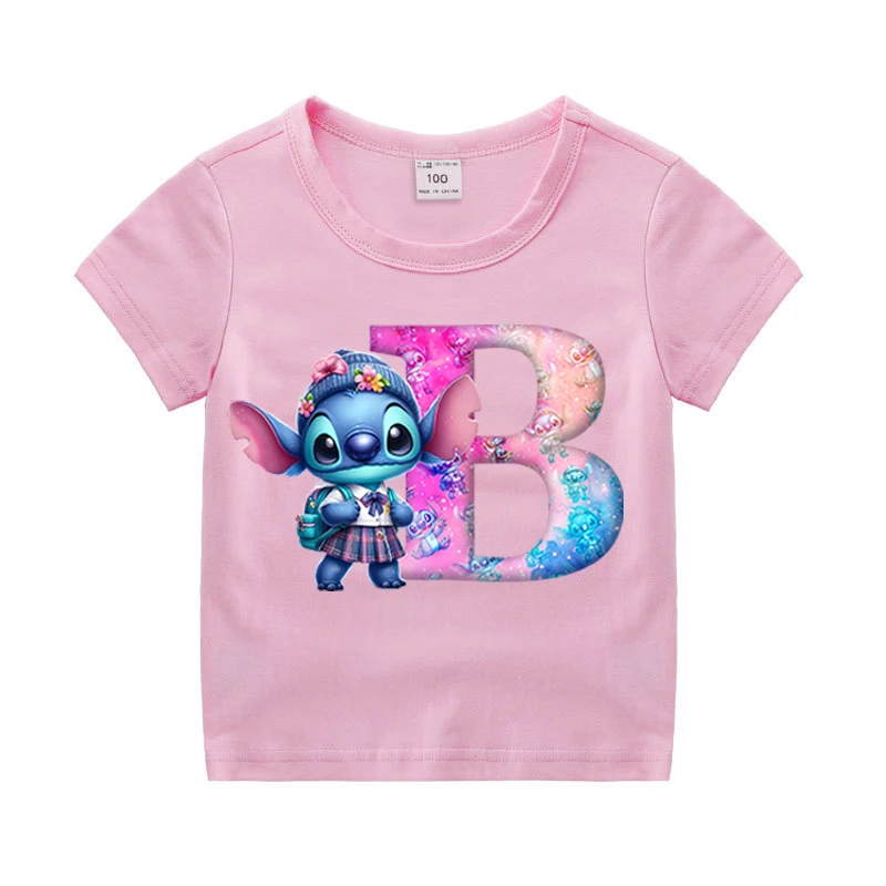 Stitch Disney Letter T-Shirt Summer Cotton Printed A-Z Alphabet Girls Tee Shirts Cartoons Children's Casual Tops Birthday Gifts