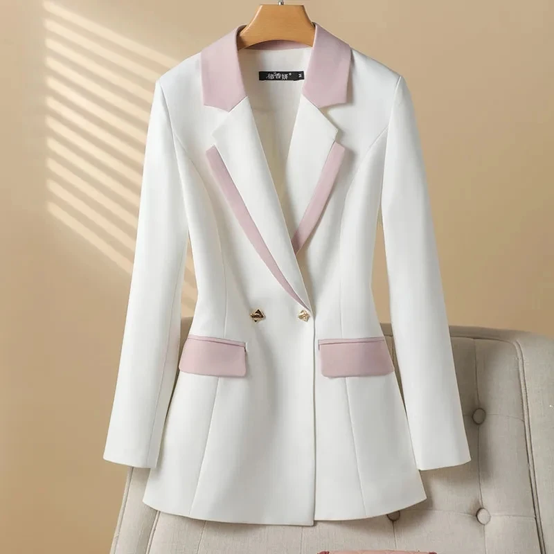 Color Matching Suit Jacket Female Autumn New Age-Reducing Sulong White Slim Double-Breasted Small Suit Personality Coat Jacket