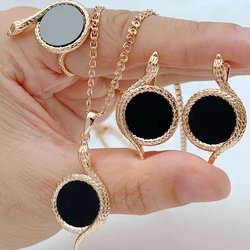 Kinel Hot Vintage Black Stone Snake Ring Earrings Necklace For Women Fashion 585 Rose Gold Color Punk Animal Jewelry Stes