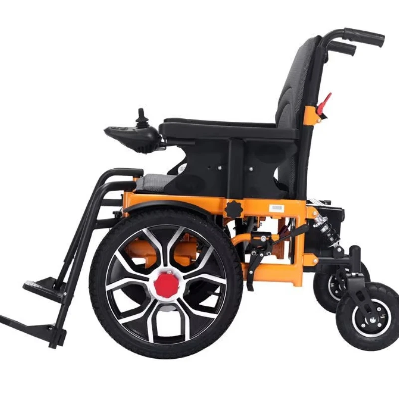 

The powerful electric wheelchair folds down the wide front tire