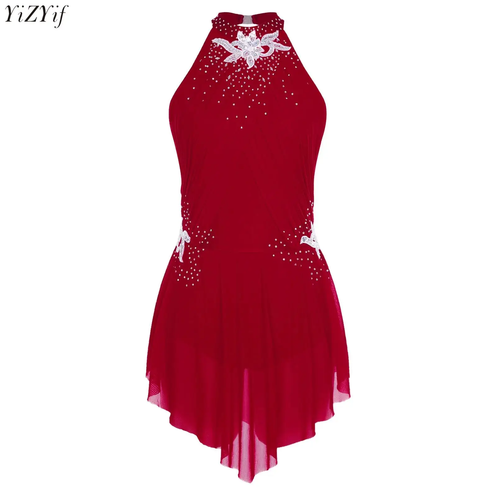 

Womens Figure Skating Dress Sleeveless Rhinestones Embroidery Ruched Mesh Overlay Leotard Dress for Gymnastics Lyrical Dance