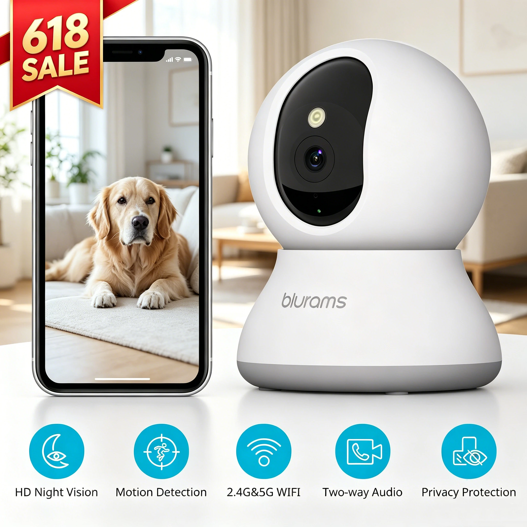 Blurams Indoor-Überwachungskamera 2K, Heimüberwachungskamera für Hunde/ältere Menschen, Überwachungskamera mit One-Touch-Anruf-Update A31S-2 Stück