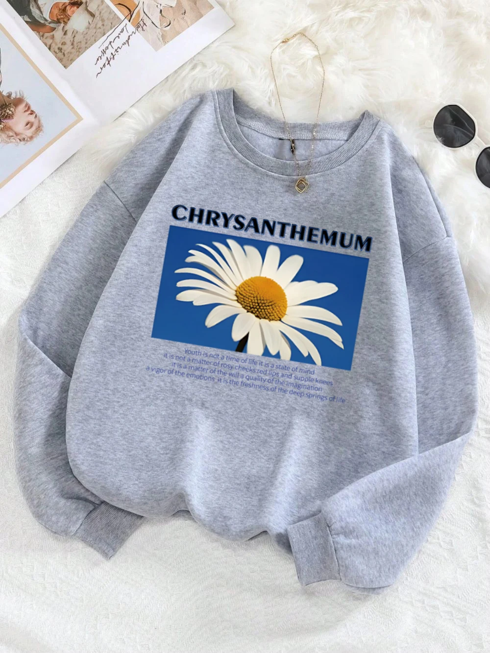 Chrysanthemum Sweatshirt Womens Fresh Flower Print Hoodie Loose Fleece Warm Crewneck Pullover Casual Comfortable Womans Clothes