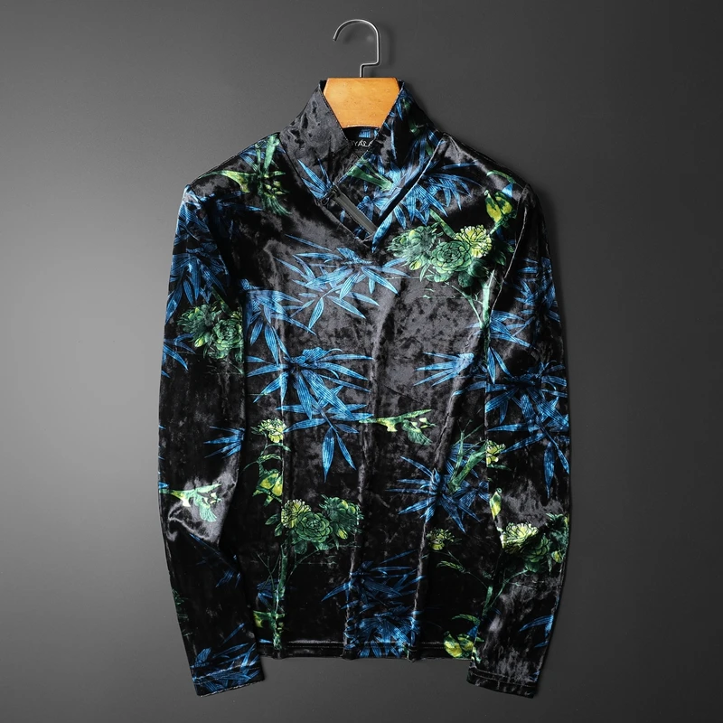 

Chinese Style 3D Print Casual Slim Turtleneck Long Sleeve T-Shirts Autumn Mens Designer Clothes Quality Velvet Elastic Camisetas
