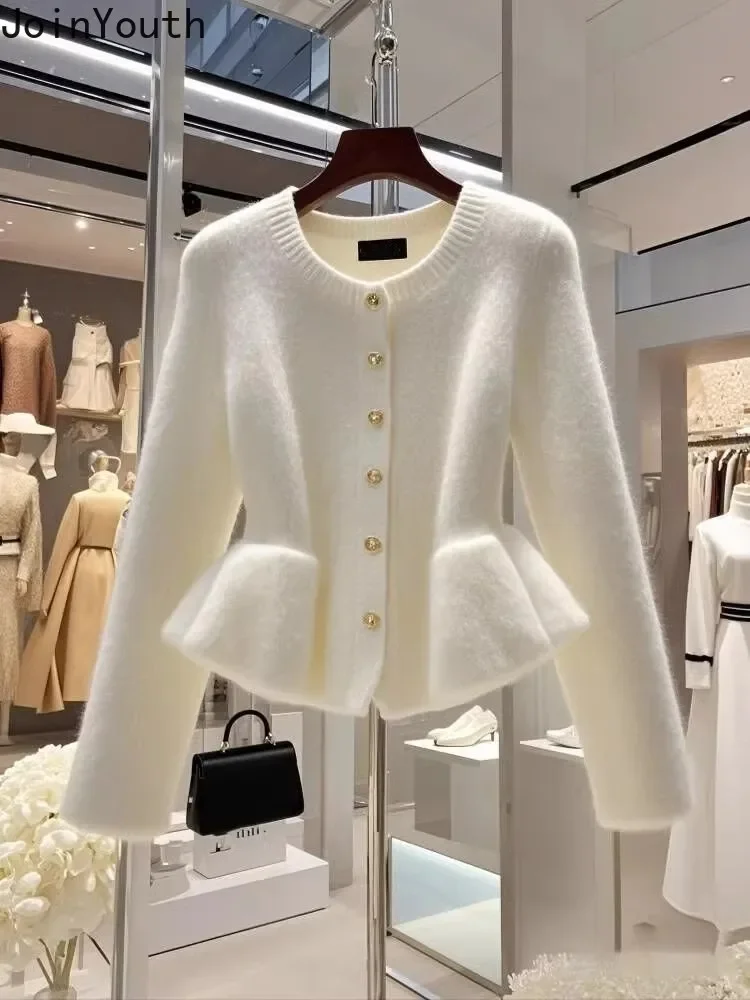 White Sueter Mujer Women Clothes Knitted Cropped Cardigan Tops Slim Waist Temperament Ruffles Sweater Jackets Vintage Pull Femme