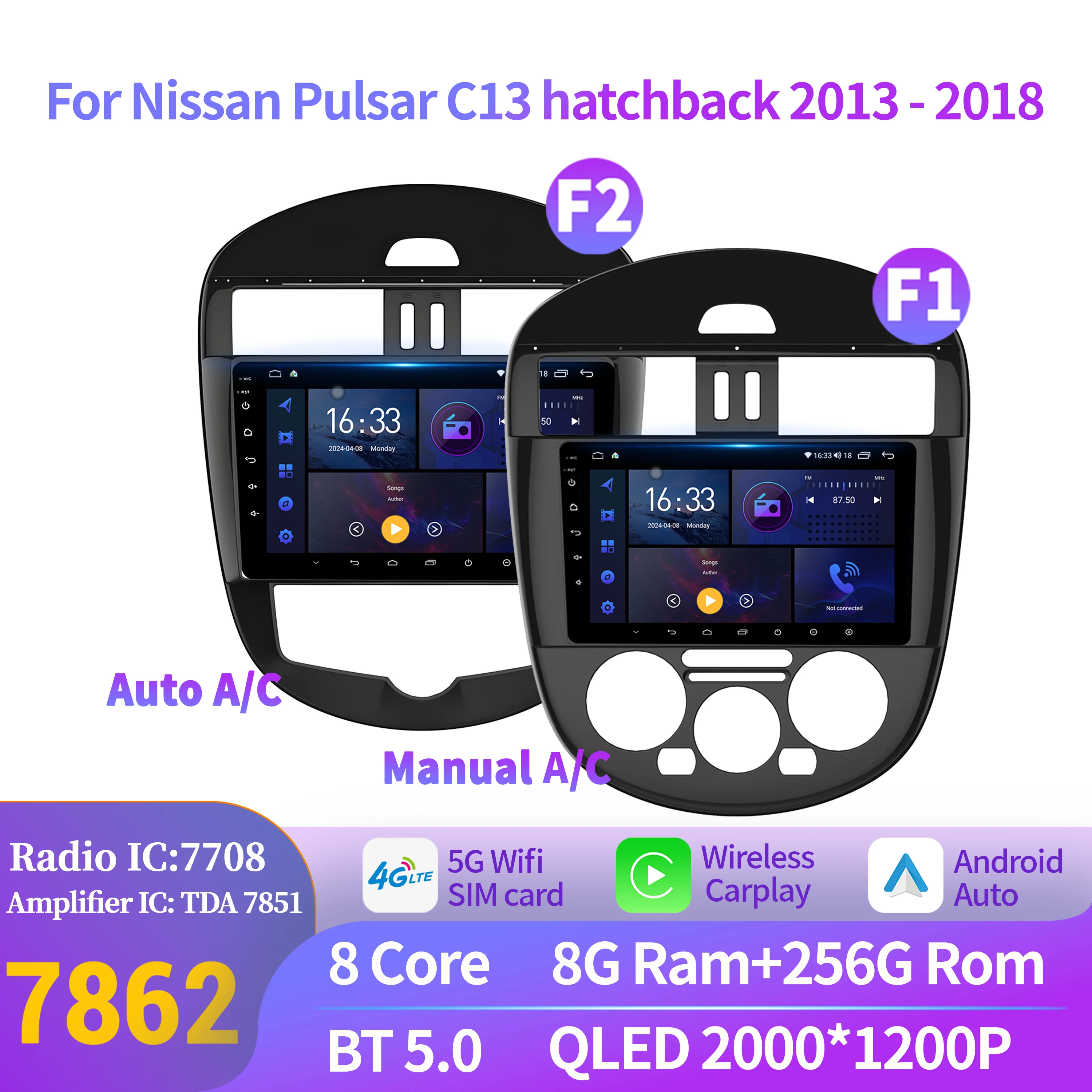 

For Nissan Pulsar C13 hatchback 2013-2018 Car Radio Multimedia Player Navigation Wireless BT CarPlay Android 14 2K QLED Screen