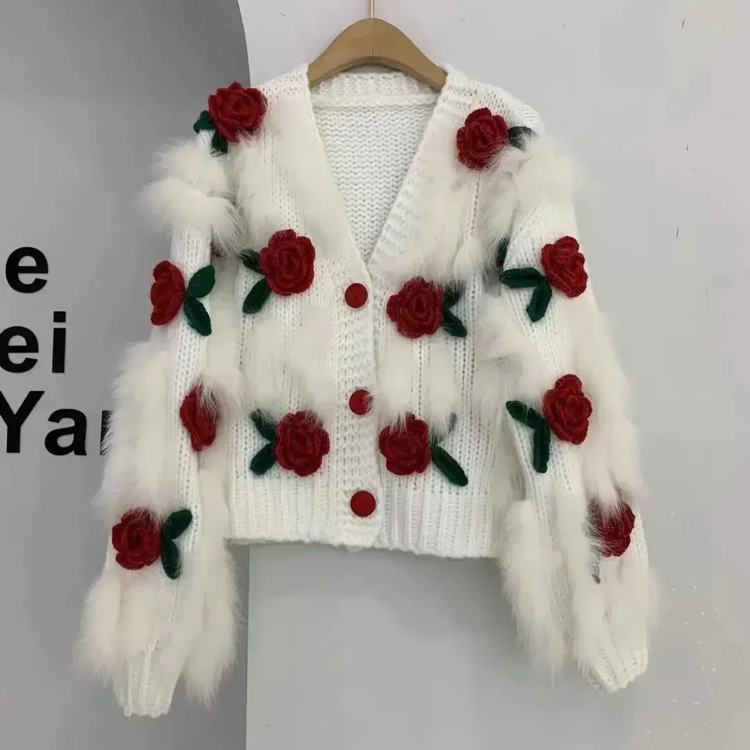 New Fashion Cardigan Spring and Autumn New Gentle Soft Glutinous Advanced Sweater Embroidered Three-Dimensional Rose Sweater Top