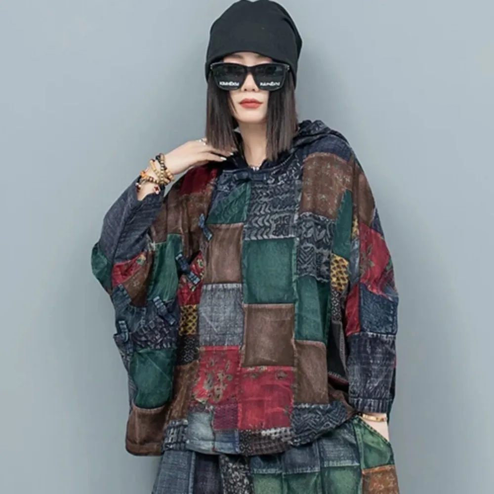 

2024 Spring Autumn Contrasting Color Patchwork Hooded Long Sleeved Top Women LX1257