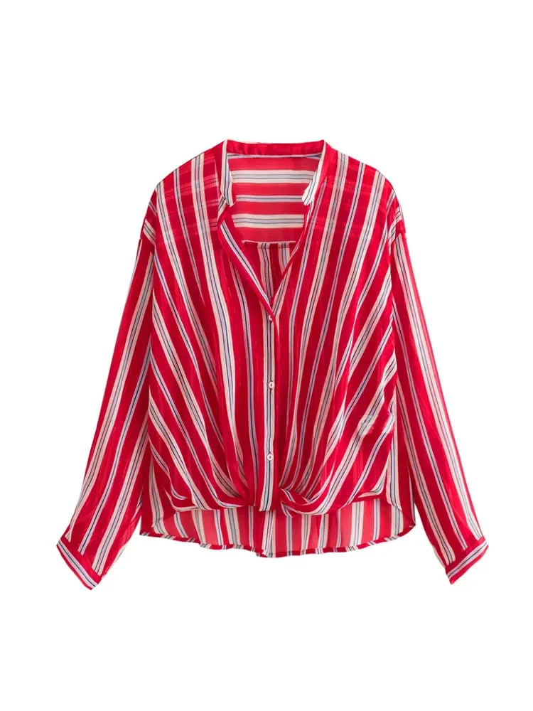 Nlzgmsj TRAF Spring Striped Transparent Blouse Women\'s Shirt Knot Lapel Collar Long Sleeve Top Elegant Blouse Style Blouses